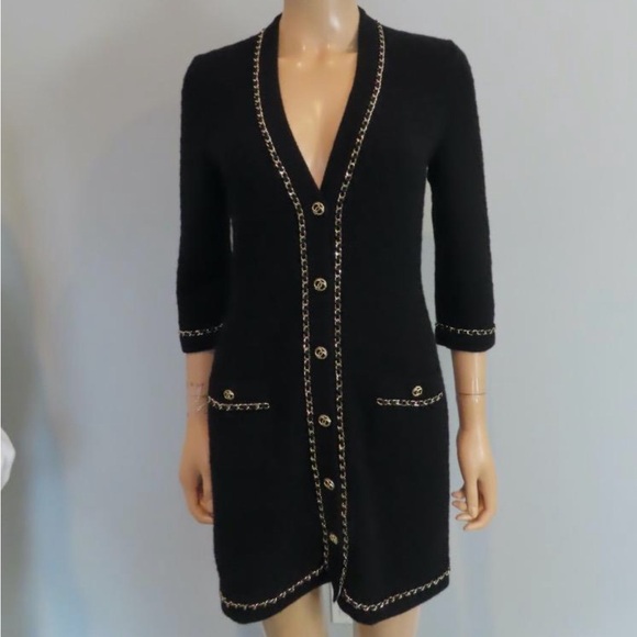 black and gold chanel dress Chanel Boutique Black Wool Coat Dress with Gold Chanel Buttons main image 0